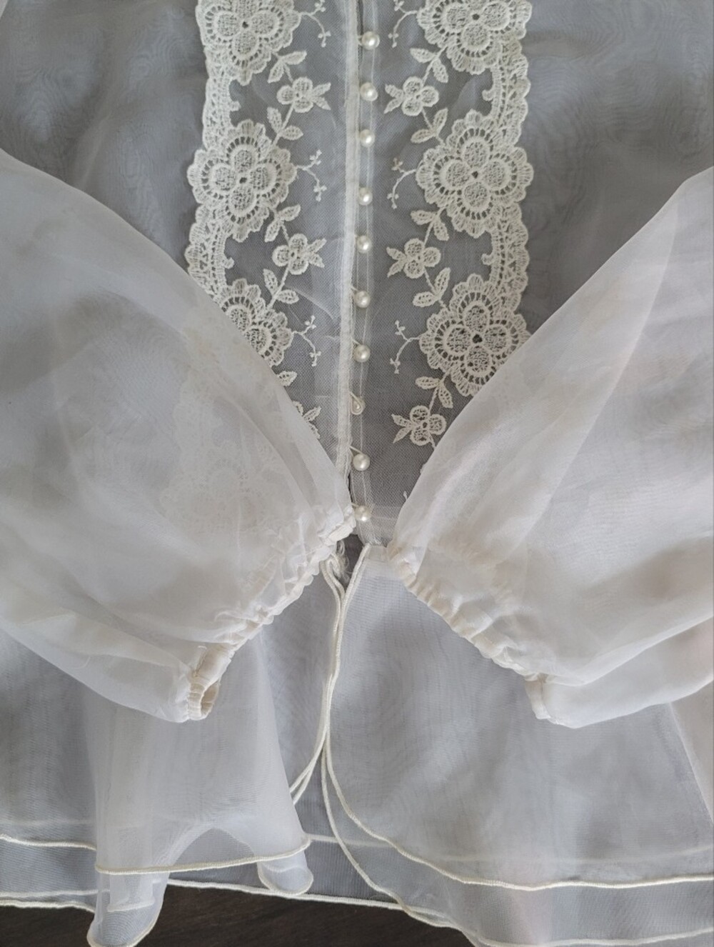 VINTAGE Shelley Johnson Twin Peaks Sheer Peplum Blouse Lace Trim Pearl Buttons - Picture 8 of 15